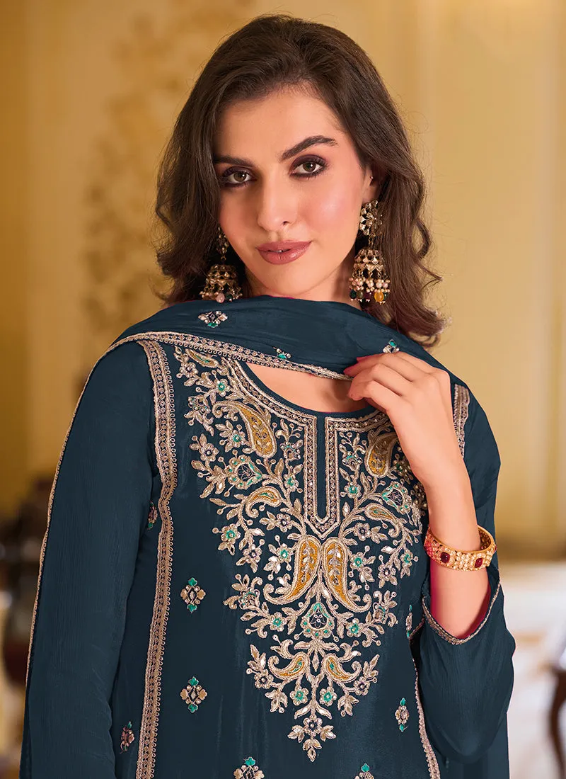 Turquoise Crystal Stone Embroidery Pant Style Suit