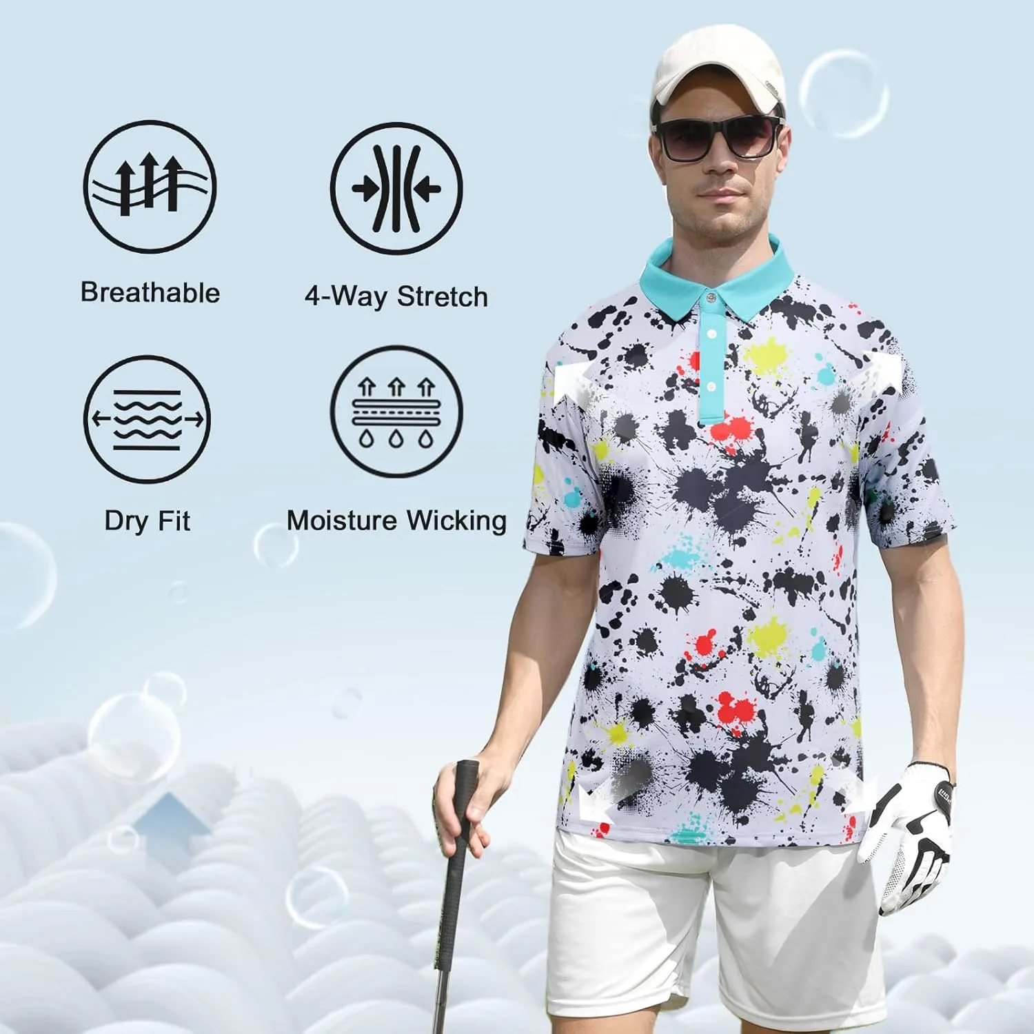 UNIFACO Mens Golf Shirt 3D Print Polo Shirts Dry Fit Performance Moisture Wicking Short Sleeve