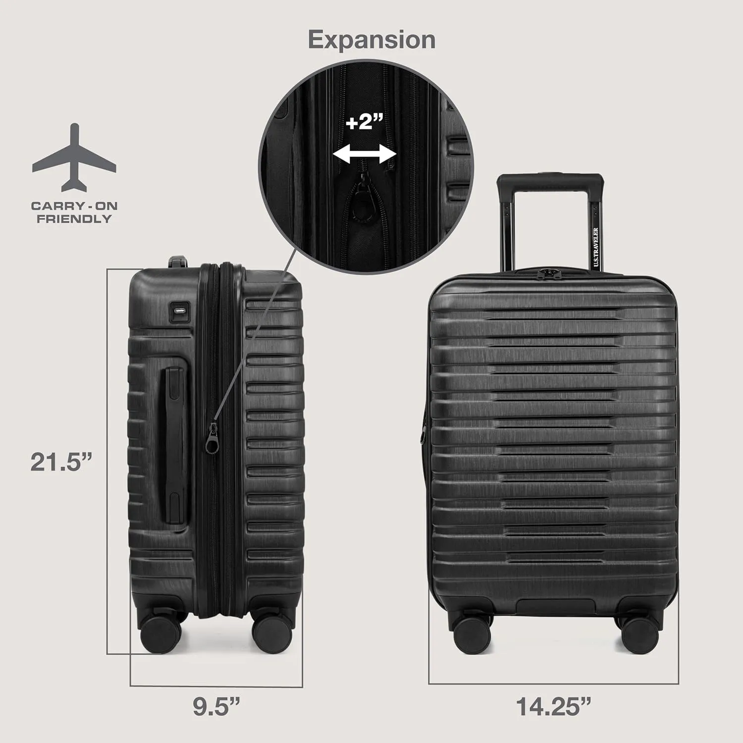 U.S. Traveler Boren Polycarbonate Hardside Rugged Travel Suitcase Luggage with 8 Spinner Wheels, Aluminum Handle, Carry-on 22-Inch, USB Port, Black