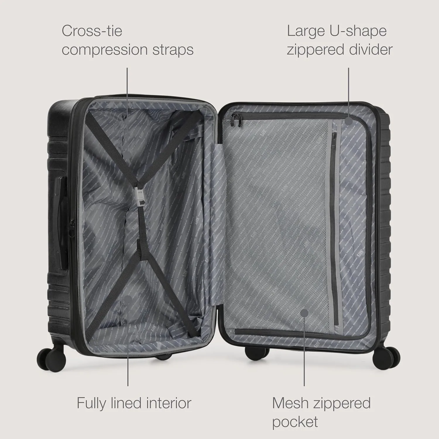 U.S. Traveler Boren Polycarbonate Hardside Rugged Travel Suitcase Luggage with 8 Spinner Wheels, Aluminum Handle, Carry-on 22-Inch, USB Port, Black