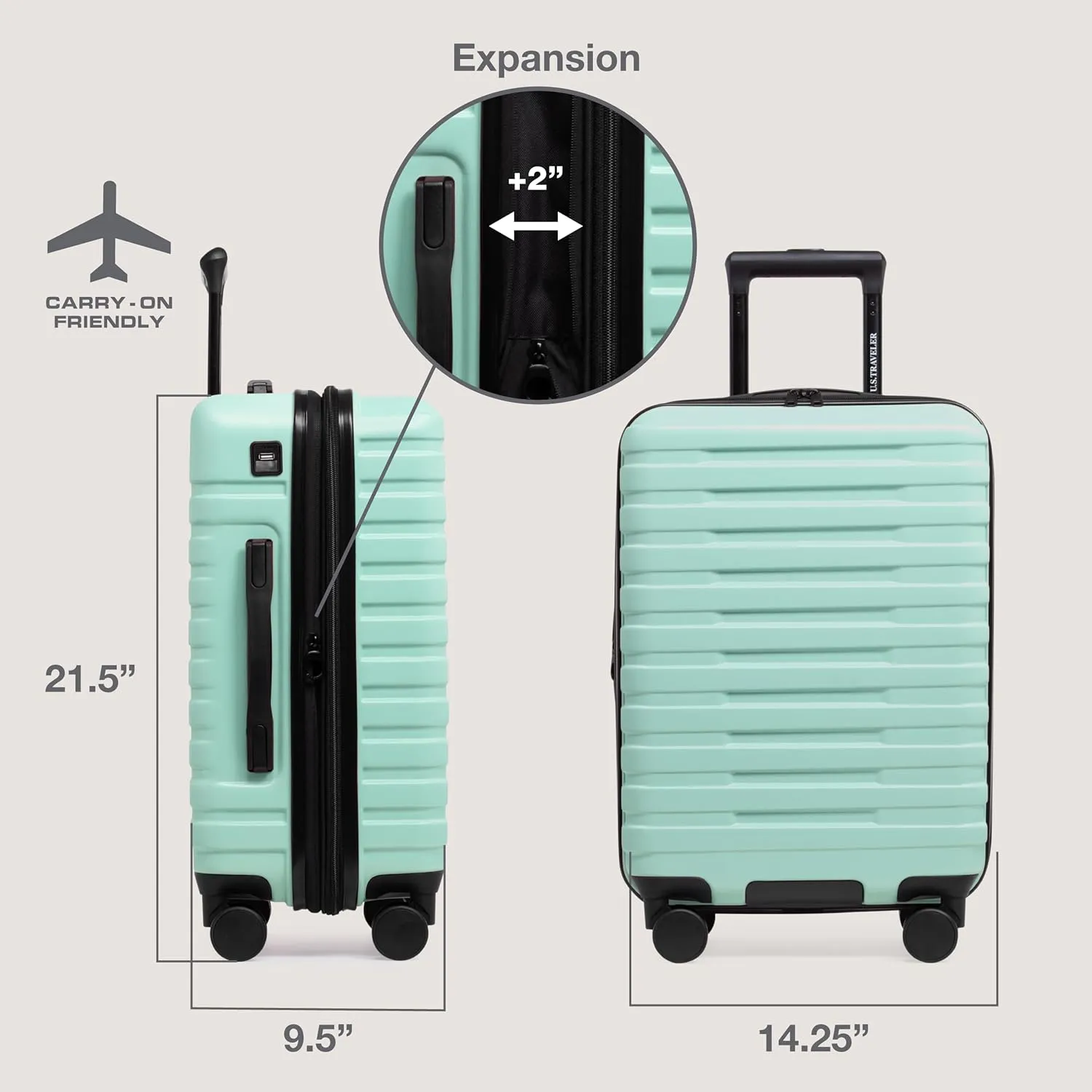 U.S. Traveler Boren Polycarbonate Hardside Rugged Travel Suitcase Luggage with 8 Spinner Wheels, Aluminum Handle, Mint, Carry-on 22-Inch, USB Port