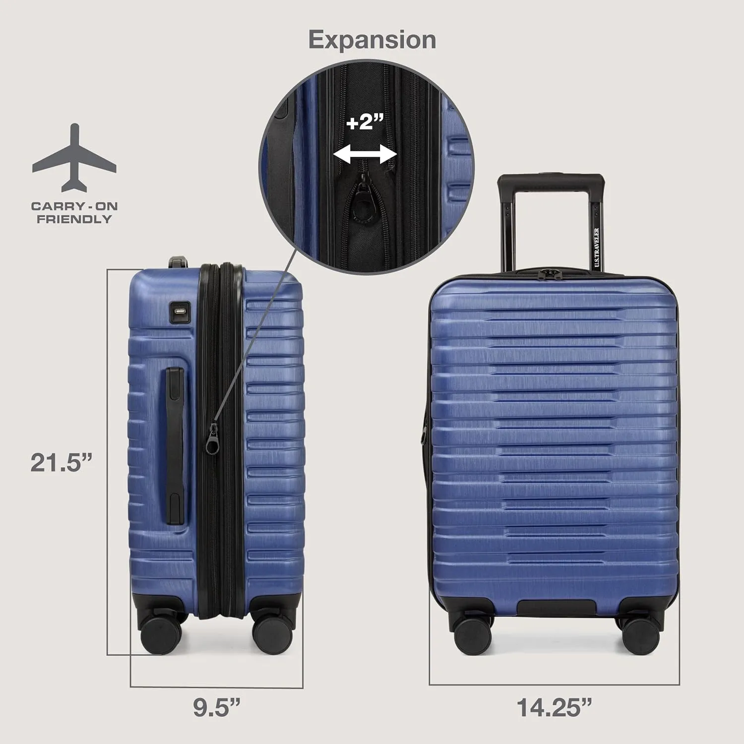 U.S. Traveler Boren Polycarbonate Hardside Rugged Travel Suitcase Luggage with 8 Spinner Wheels, Aluminum Handle, Navy, Carry-on 22-Inch, USB Port