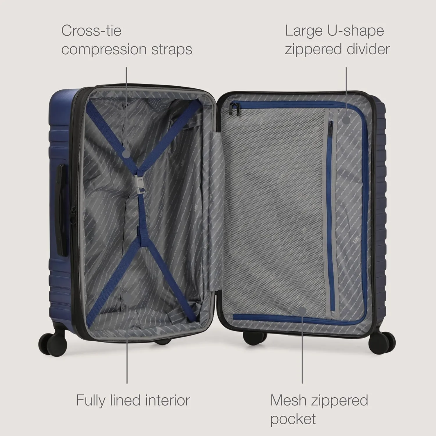 U.S. Traveler Boren Polycarbonate Hardside Rugged Travel Suitcase Luggage with 8 Spinner Wheels, Aluminum Handle, Navy, Checked-Large 30-Inch