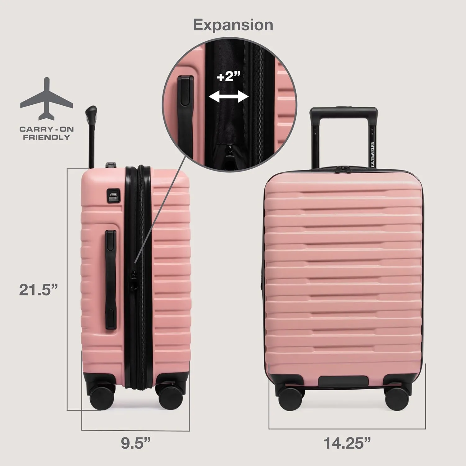 U.S. Traveler Boren Polycarbonate Hardside Rugged Travel Suitcase Luggage with 8 Spinner Wheels, Aluminum Handle, Pink, Carry-on 22-Inch, USB Port
