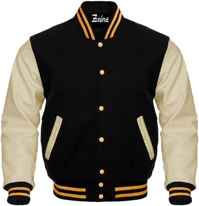 Varsity Baseball Bomber Wool & Genuine Leather Sleeves Jacket