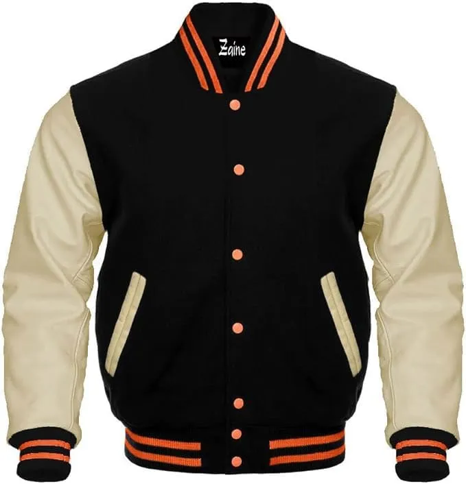 Varsity Baseball Bomber Wool & Genuine Leather Sleeves Jacket
