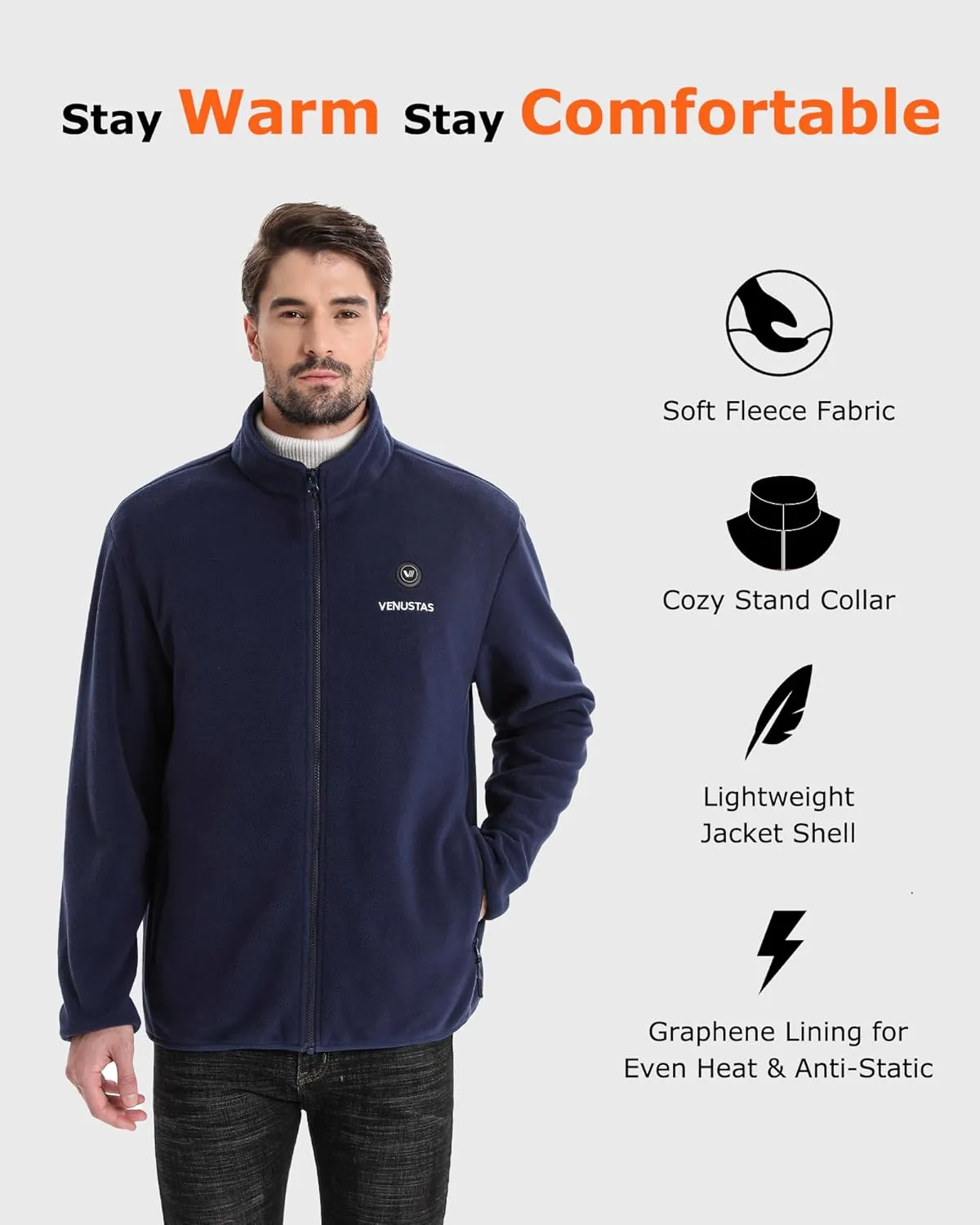 Venustas Men's Heated Jacket with Battery, Soft Fleece Heated Coat, Durable YKK Zipper