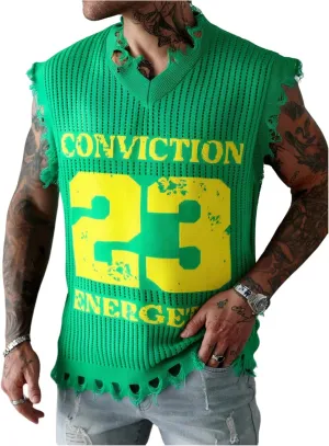Verdusa Men's Graphic Letter Print Ripped Sweater Vest Sleeveless Summer Knit Tops