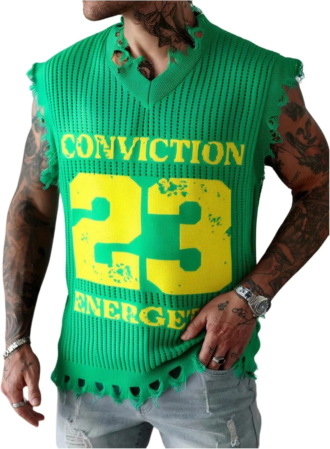 Verdusa Men's Graphic Letter Print Ripped Sweater Vest Sleeveless Summer Knit Tops