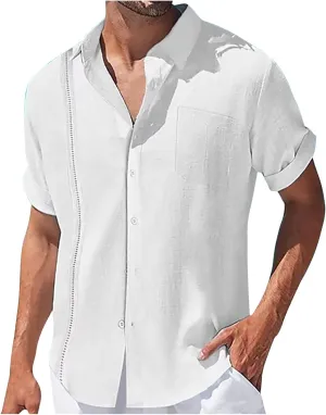 Vertical Striped Hawaiian Shirt for Men Cotton Linen Button Down Short Sleeve Tops Cuban Camp Guayabera Beach Shirts