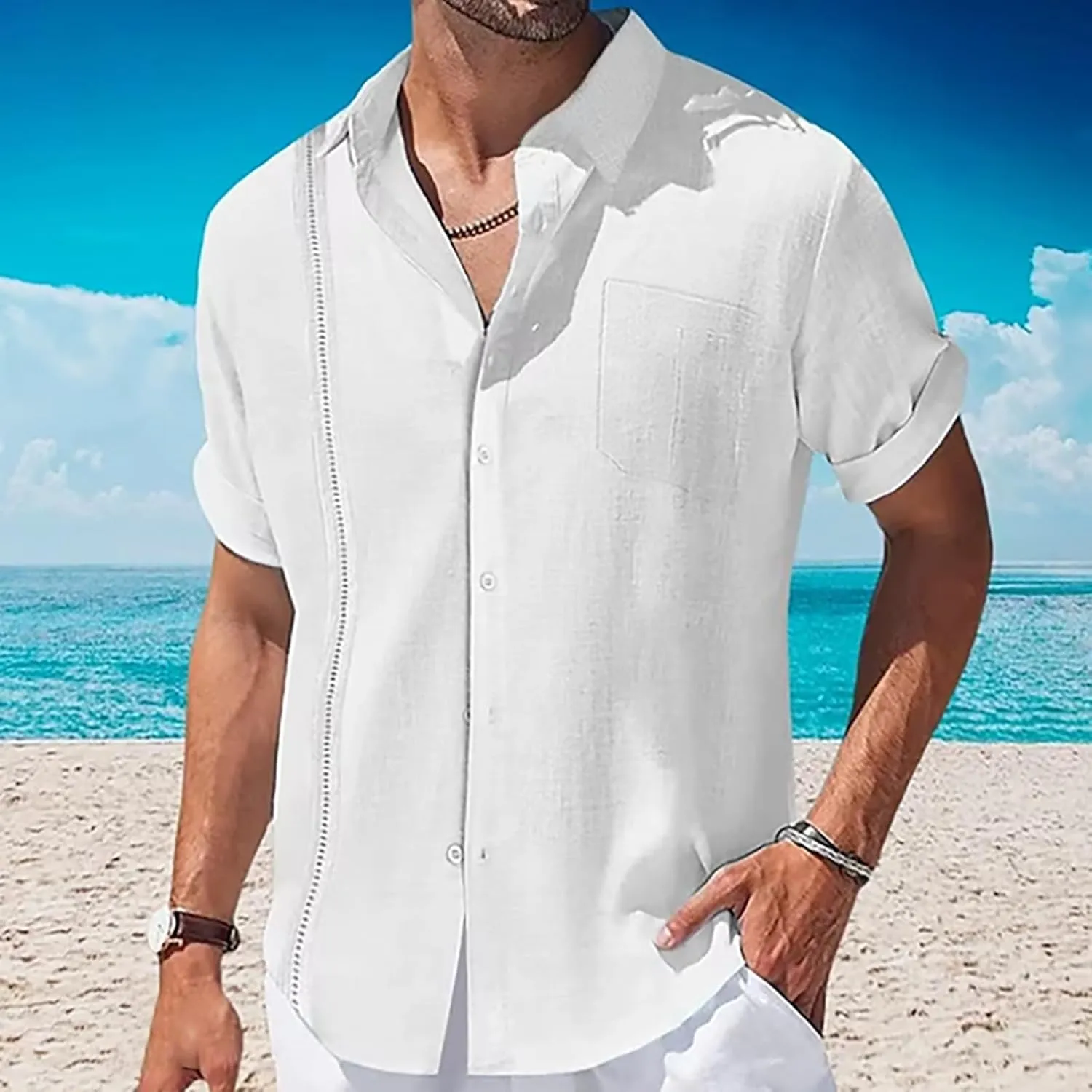 Vertical Striped Hawaiian Shirt for Men Cotton Linen Button Down Short Sleeve Tops Cuban Camp Guayabera Beach Shirts