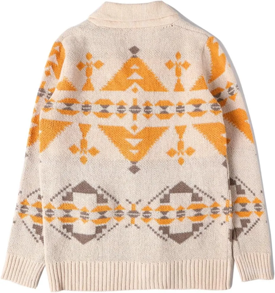 VIEWON Men's Casual Tribal Aztec Print Western Ethnic Vintage Lapel Knitted Warm Long Sleeve Cardigan Sweater Jacket Coat