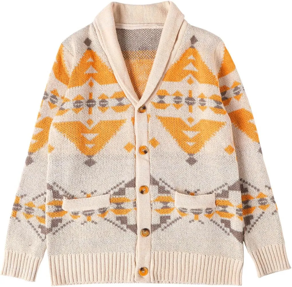 VIEWON Men's Casual Tribal Aztec Print Western Ethnic Vintage Lapel Knitted Warm Long Sleeve Cardigan Sweater Jacket Coat