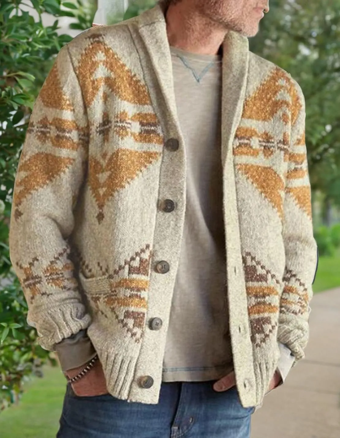 VIEWON Men's Casual Tribal Aztec Print Western Ethnic Vintage Lapel Knitted Warm Long Sleeve Cardigan Sweater Jacket Coat