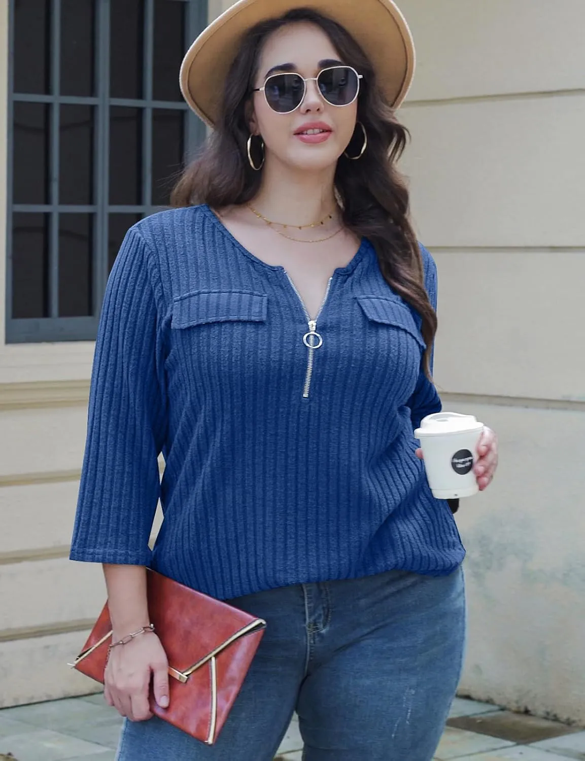 Viracy Women Plus Size Sweaters 3/4 Sleeve Zip V Neck Ribbed Solid Color Casual Blouses Tops XL-5XL