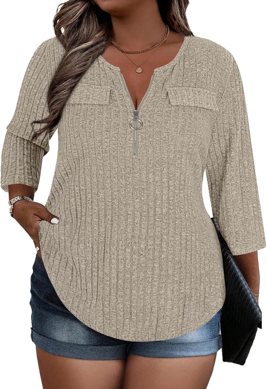Viracy Women Plus Size Sweaters 3/4 Sleeve Zip V Neck Ribbed Solid Color Casual Blouses Tops XL-5XL