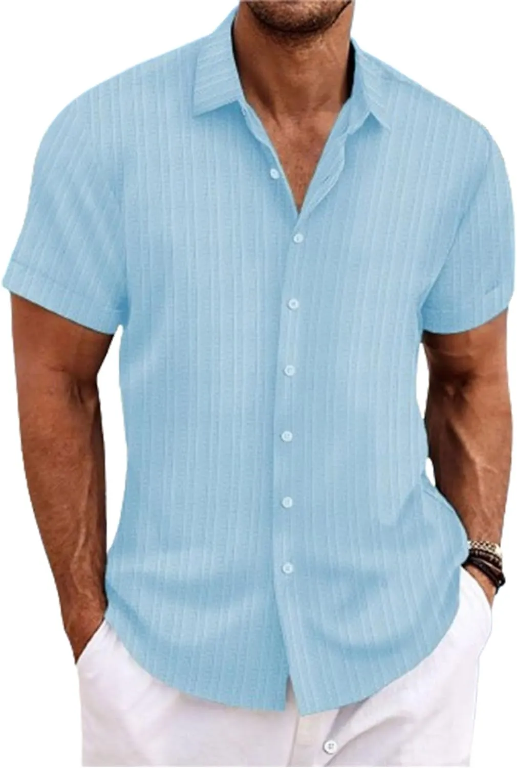 Visenoya Men's Cotton and Linen Comfortable Shirt, Striped Casual Shirt, Button-Down Loose Short-Sleeved Shirt