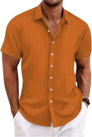 Visenoya Men's Cotton and Linen Comfortable Shirt, Striped Casual Shirt, Button-Down Loose Short-Sleeved Shirt
