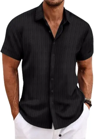 Visenoya Men's Cotton and Linen Comfortable Shirt, Striped Casual Shirt, Button-Down Loose Short-Sleeved Shirt