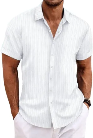 Visenoya Men's Cotton and Linen Comfortable Shirt, Striped Casual Shirt, Button-Down Loose Short-Sleeved Shirt