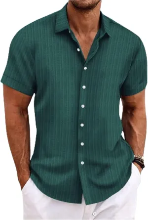 Visenoya Men's Cotton and Linen Comfortable Shirt, Striped Casual Shirt, Button-Down Loose Short-Sleeved Shirt