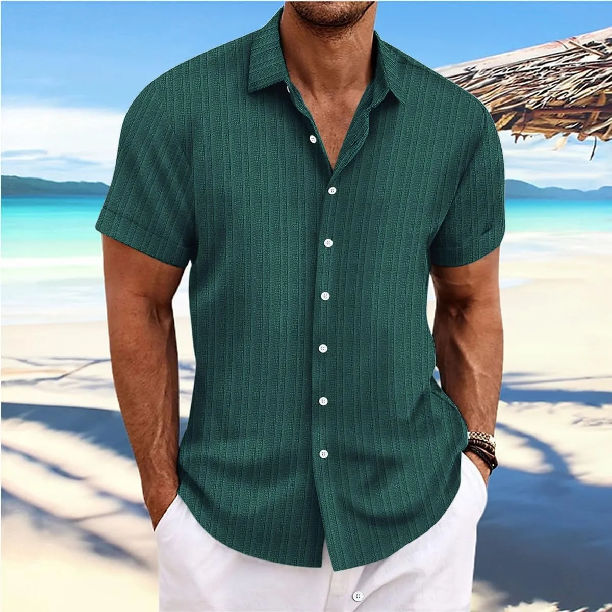 Visenoya Men's Cotton and Linen Comfortable Shirt, Striped Casual Shirt, Button-Down Loose Short-Sleeved Shirt