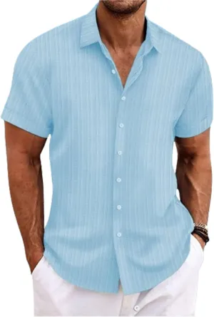 Visenoya Men's Cotton and Linen Comfortable Shirt, Striped Casual Shirt, Button-Down Loose Short-Sleeved Shirt