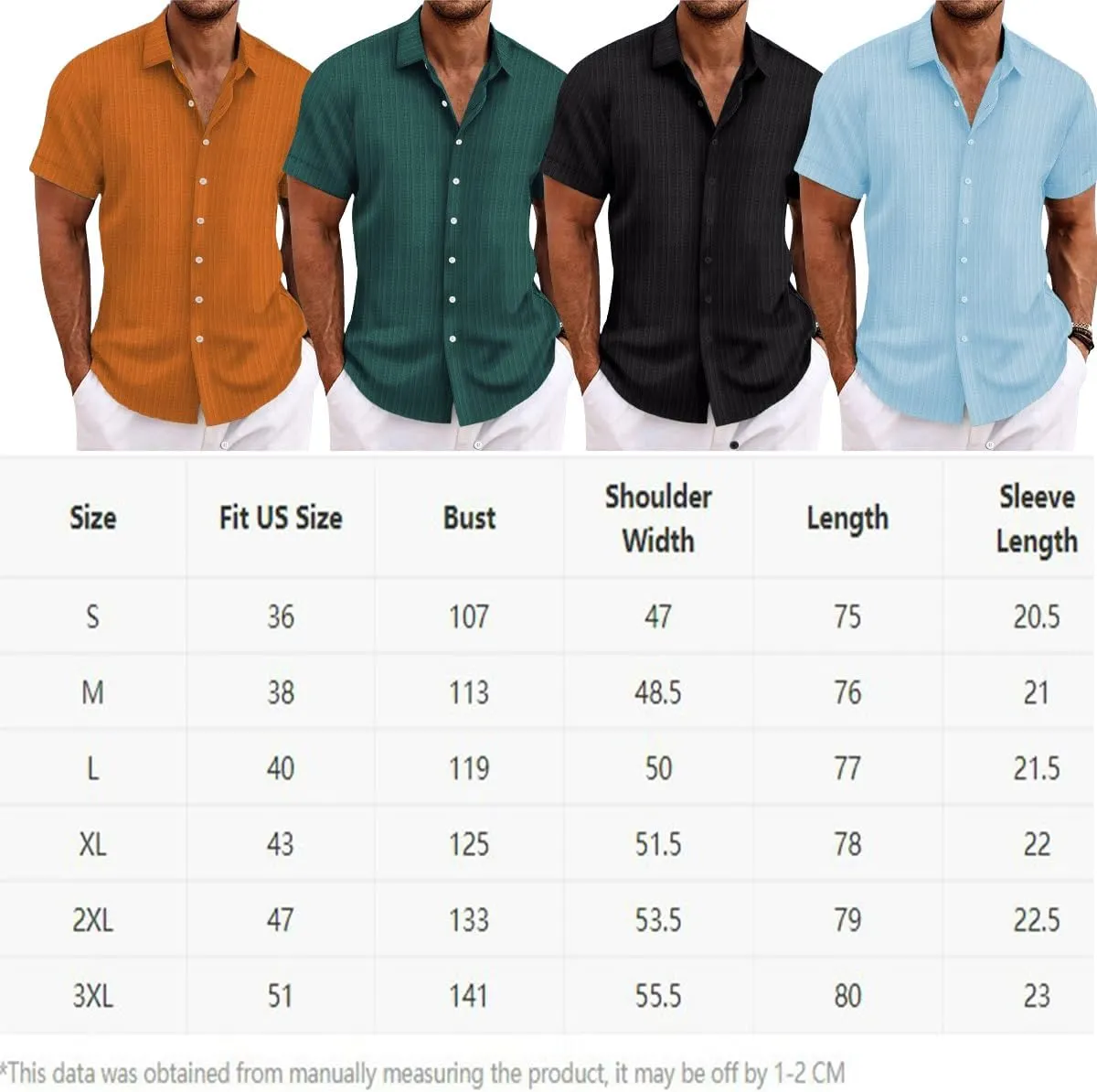 Visenoya Men's Cotton and Linen Comfortable Shirt, Striped Casual Shirt, Button-Down Loose Short-Sleeved Shirt