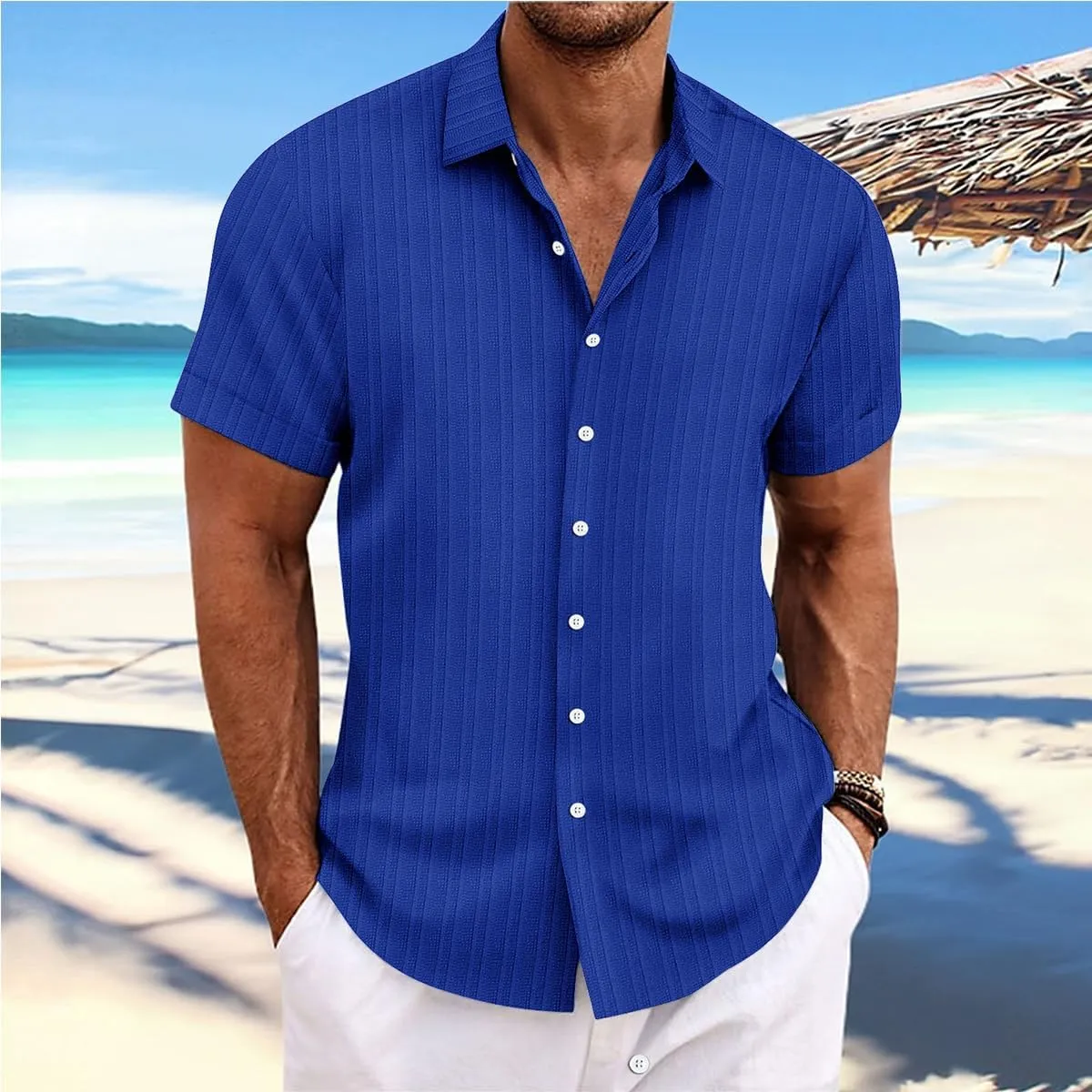 Visenoya Men's Cotton and Linen Comfortable Shirt, Striped Casual Shirt, Button-Down Loose Short-Sleeved Shirt