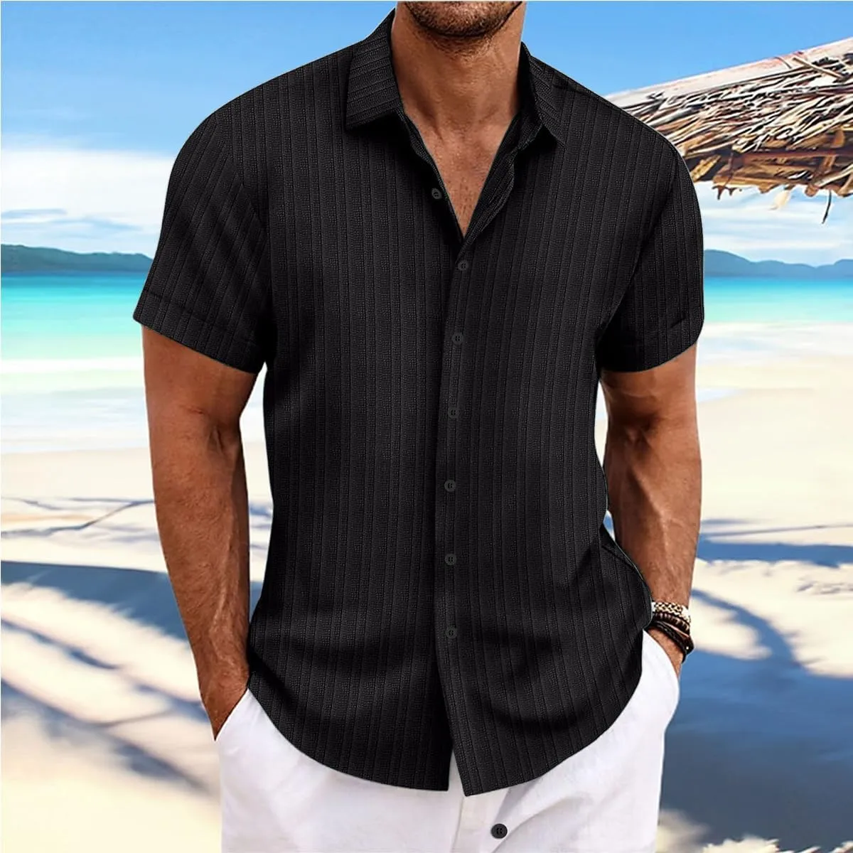 Visenoya Men's Cotton and Linen Comfortable Shirt, Striped Casual Shirt, Button-Down Loose Short-Sleeved Shirt