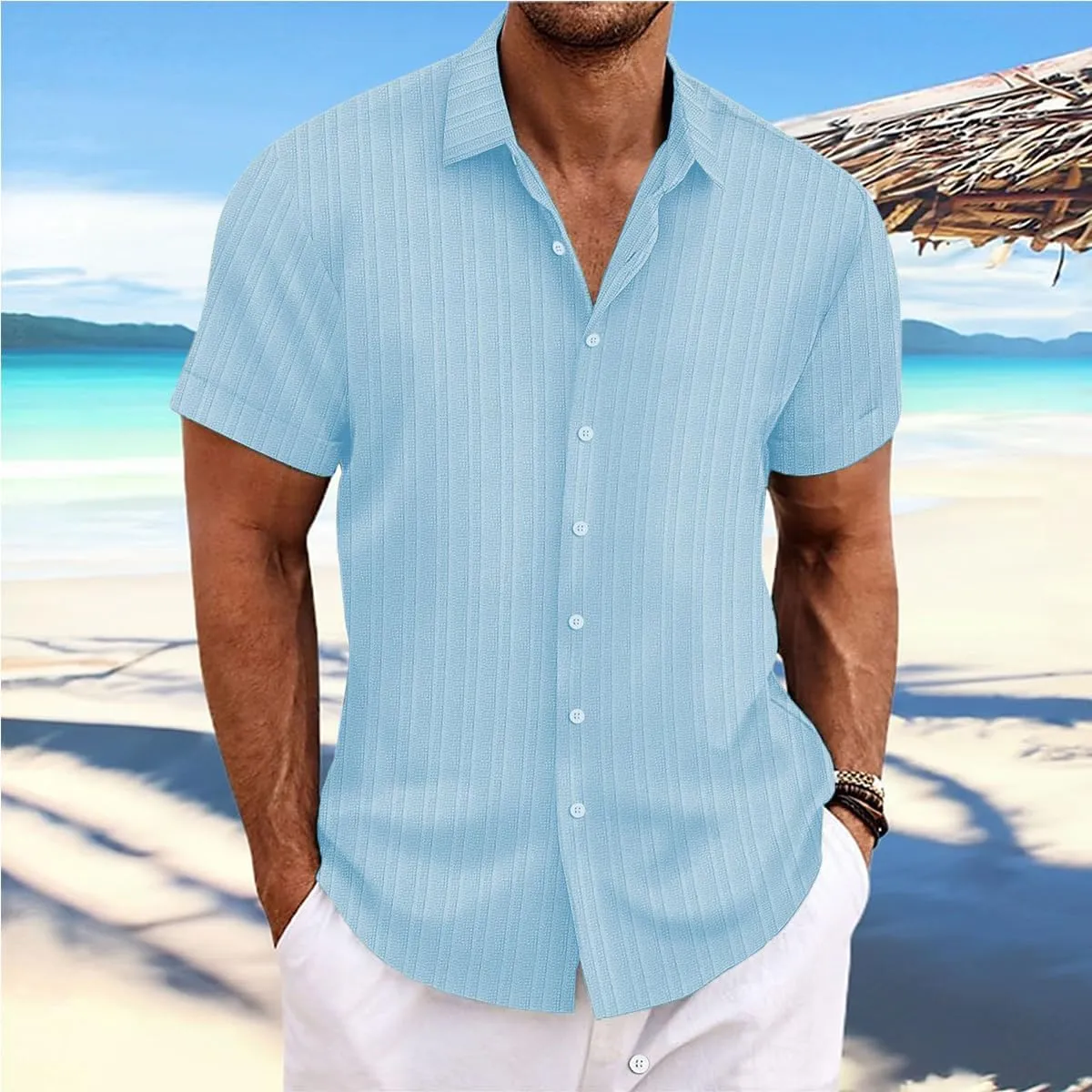 Visenoya Men's Cotton and Linen Comfortable Shirt, Striped Casual Shirt, Button-Down Loose Short-Sleeved Shirt