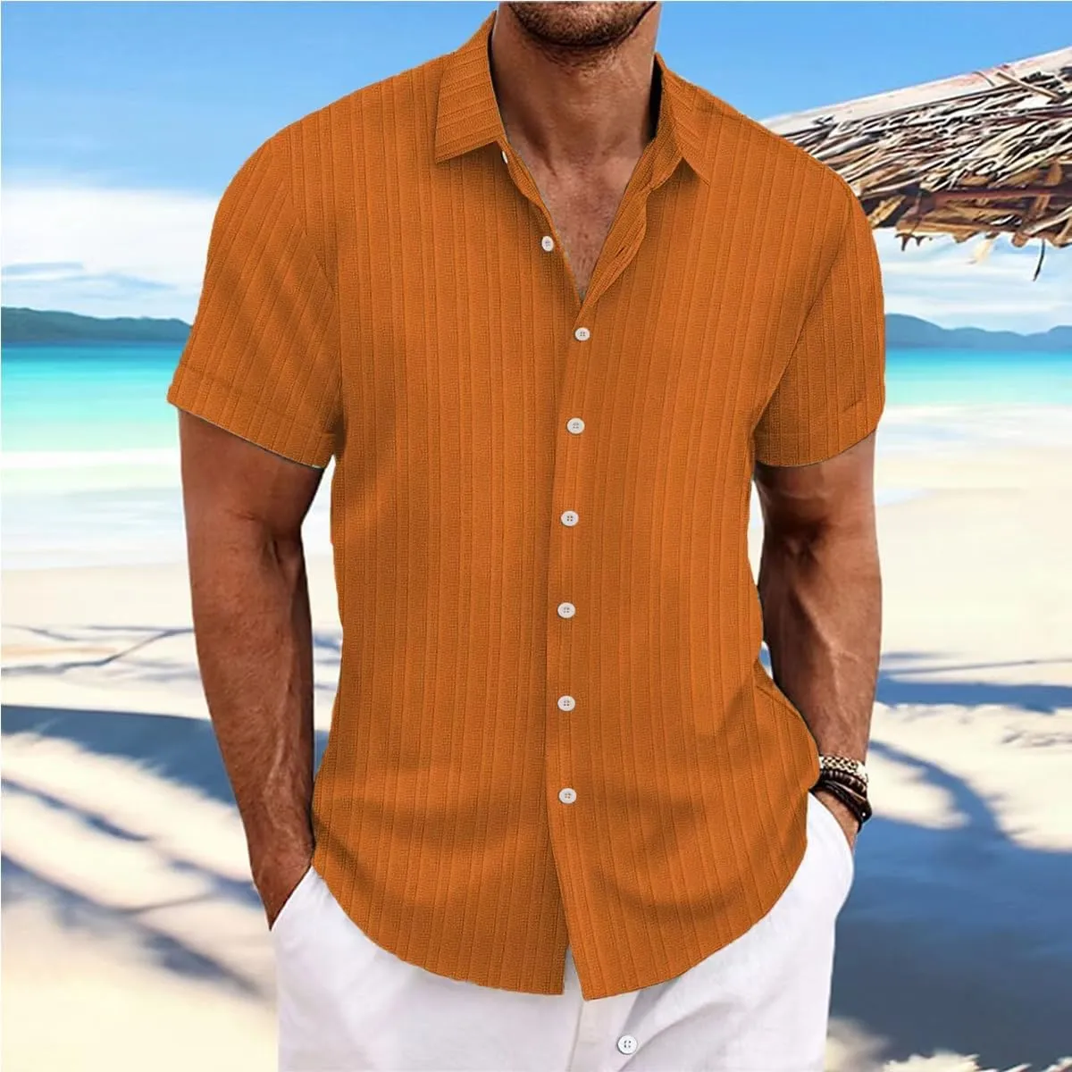 Visenoya Men's Cotton and Linen Comfortable Shirt, Striped Casual Shirt, Button-Down Loose Short-Sleeved Shirt