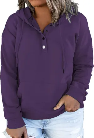 VISLILY Women's-Plus-Size-Hoodies Buttons Collar Hooded Sweatshirts Drawstring Pullover Tops with Kangaroo Pocket XL-4XL