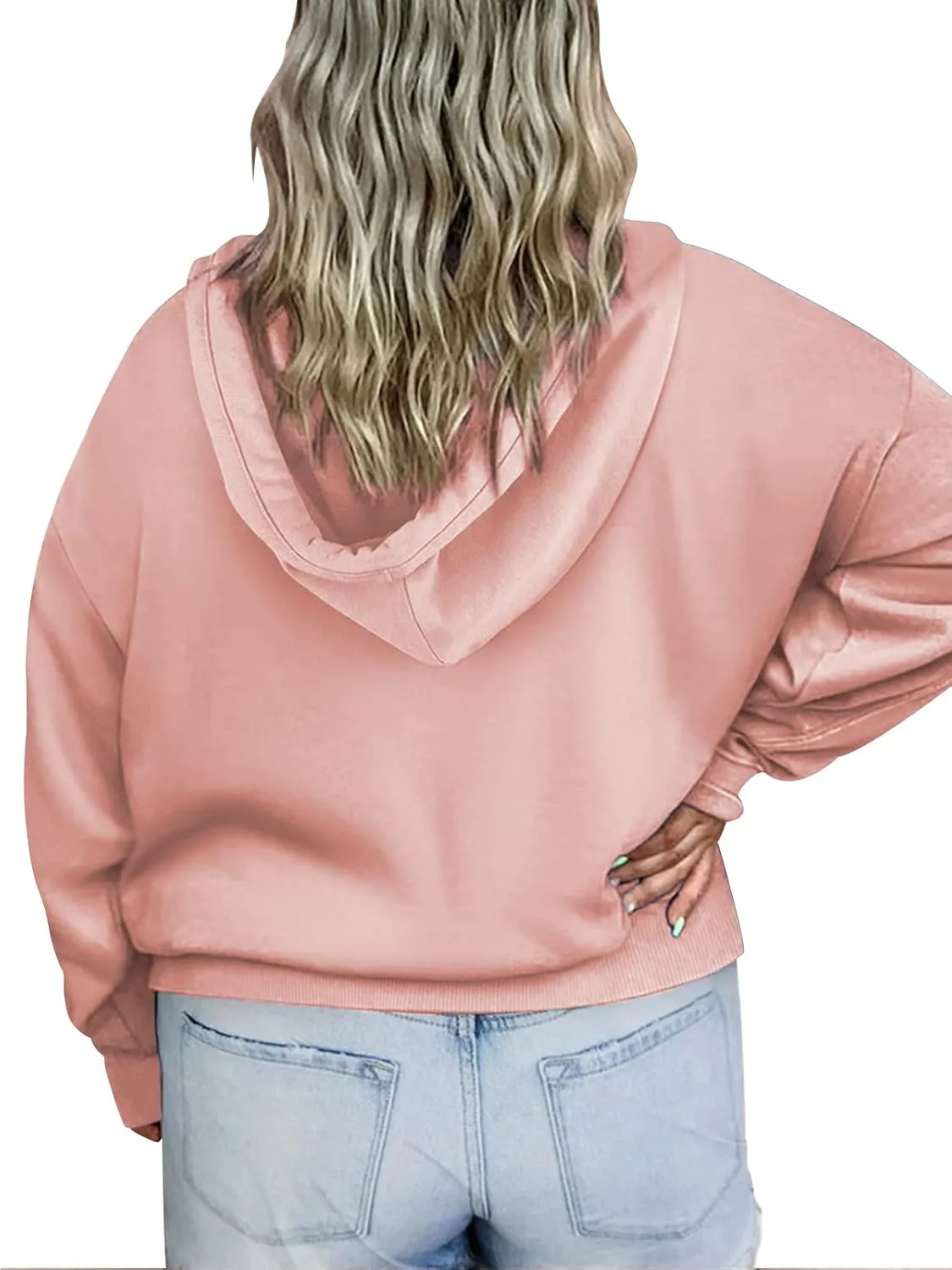 VISLILY Women's-Plus-Size-Hoodies Buttons Collar Hooded Sweatshirts Drawstring Pullover Tops with Kangaroo Pocket XL-4XL