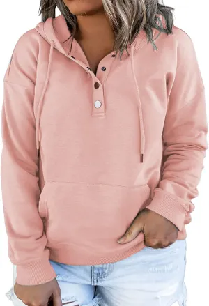 VISLILY Women's-Plus-Size-Hoodies Buttons Collar Hooded Sweatshirts Drawstring Pullover Tops with Kangaroo Pocket XL-4XL