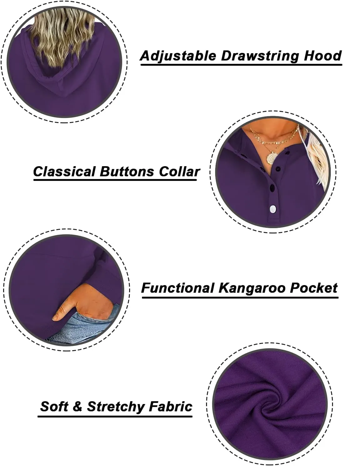 VISLILY Women's-Plus-Size-Hoodies Buttons Collar Hooded Sweatshirts Drawstring Pullover Tops with Kangaroo Pocket XL-4XL