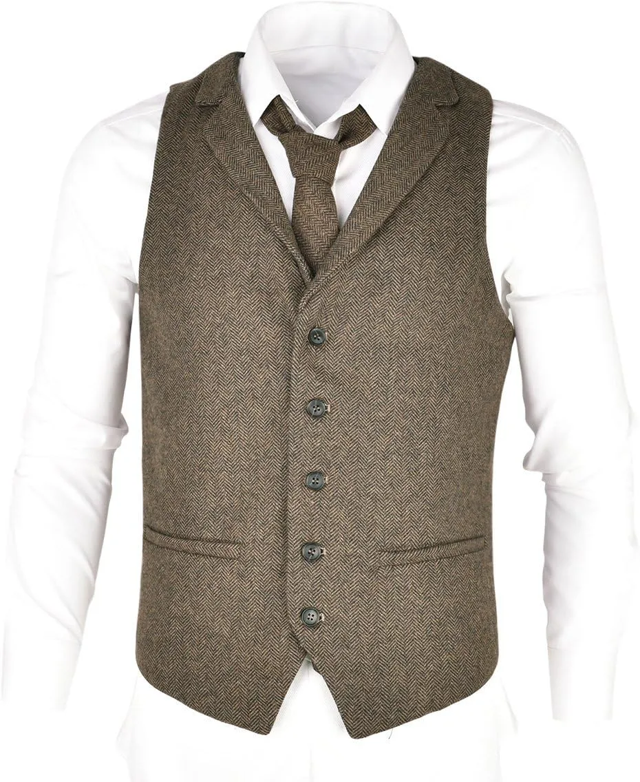 VOBOOM Mens Herringbone Tailored Collar Waistcoat Fullback Wool Tweed Suit Vest