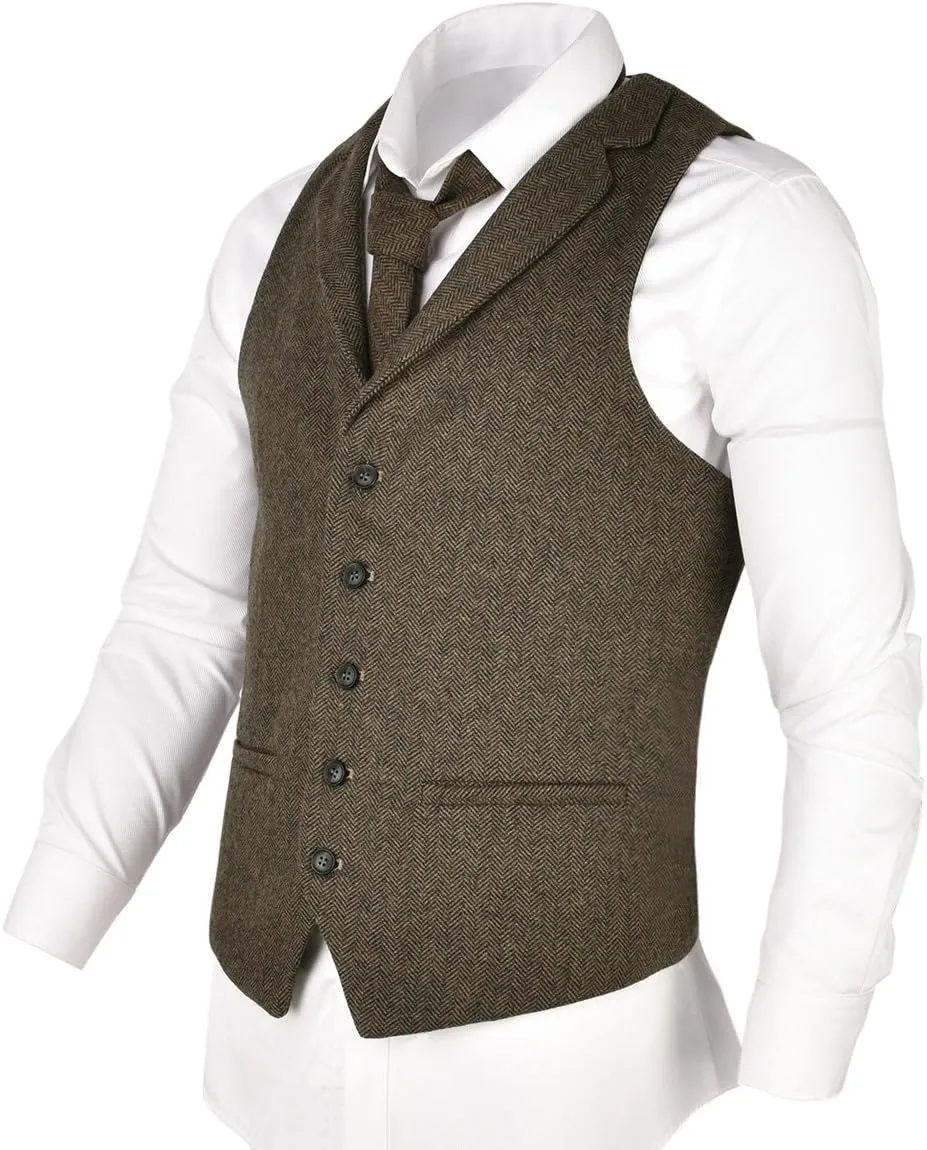 VOBOOM Mens Herringbone Tailored Collar Waistcoat Fullback Wool Tweed Suit Vest
