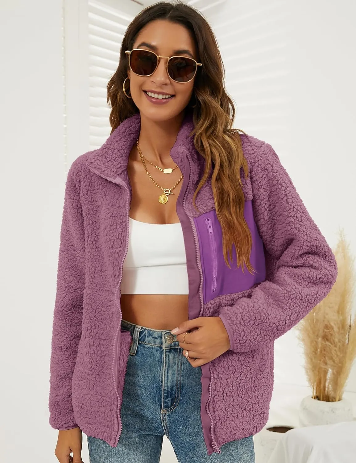 VVK Women's Fashion Faux Shearling Shaggy Full Zip Coats Warm Winter Patchwork Jackets with Pocket