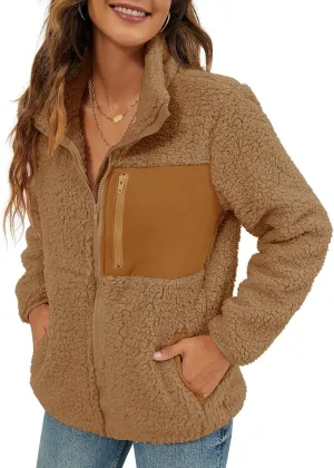 VVK Women's Fashion Faux Shearling Shaggy Full Zip Coats Warm Winter Patchwork Jackets with Pocket