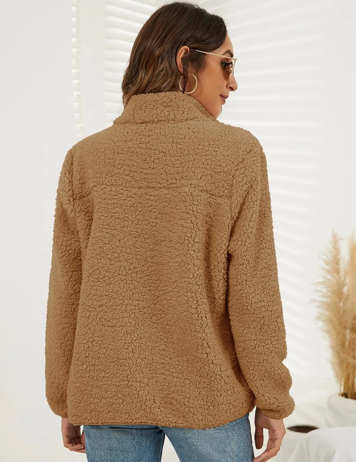 VVK Women's Fashion Faux Shearling Shaggy Full Zip Coats Warm Winter Patchwork Jackets with Pocket