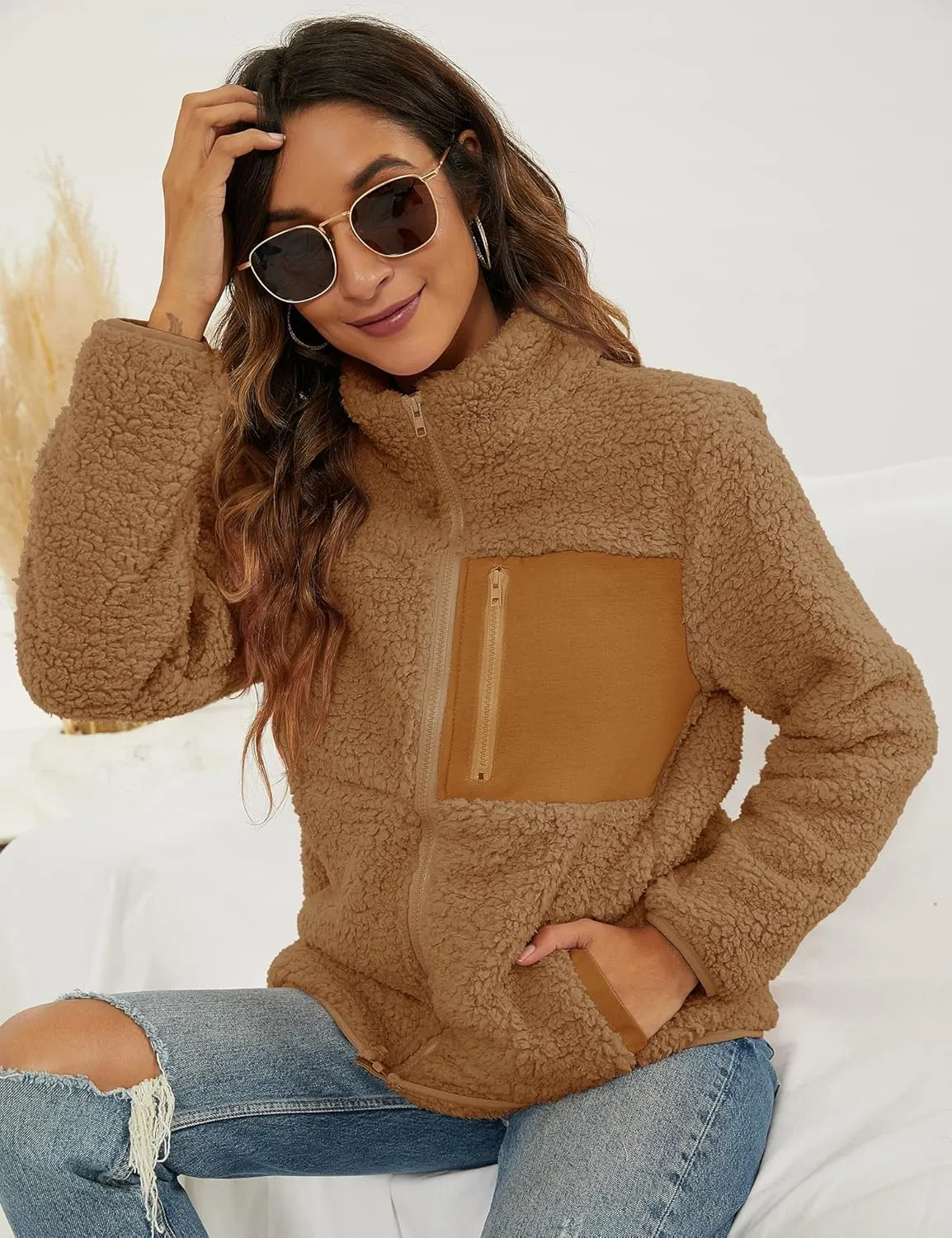 VVK Women's Fashion Faux Shearling Shaggy Full Zip Coats Warm Winter Patchwork Jackets with Pocket