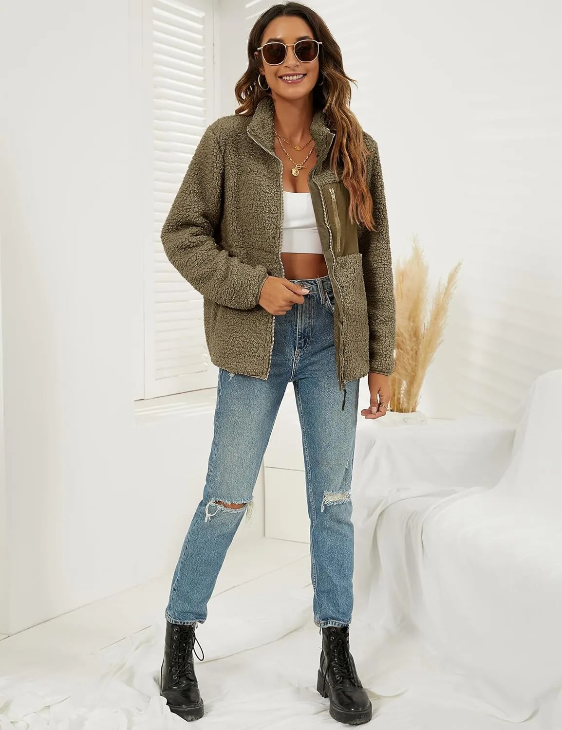 VVK Women's Fashion Faux Shearling Shaggy Full Zip Coats Warm Winter Patchwork Jackets with Pocket