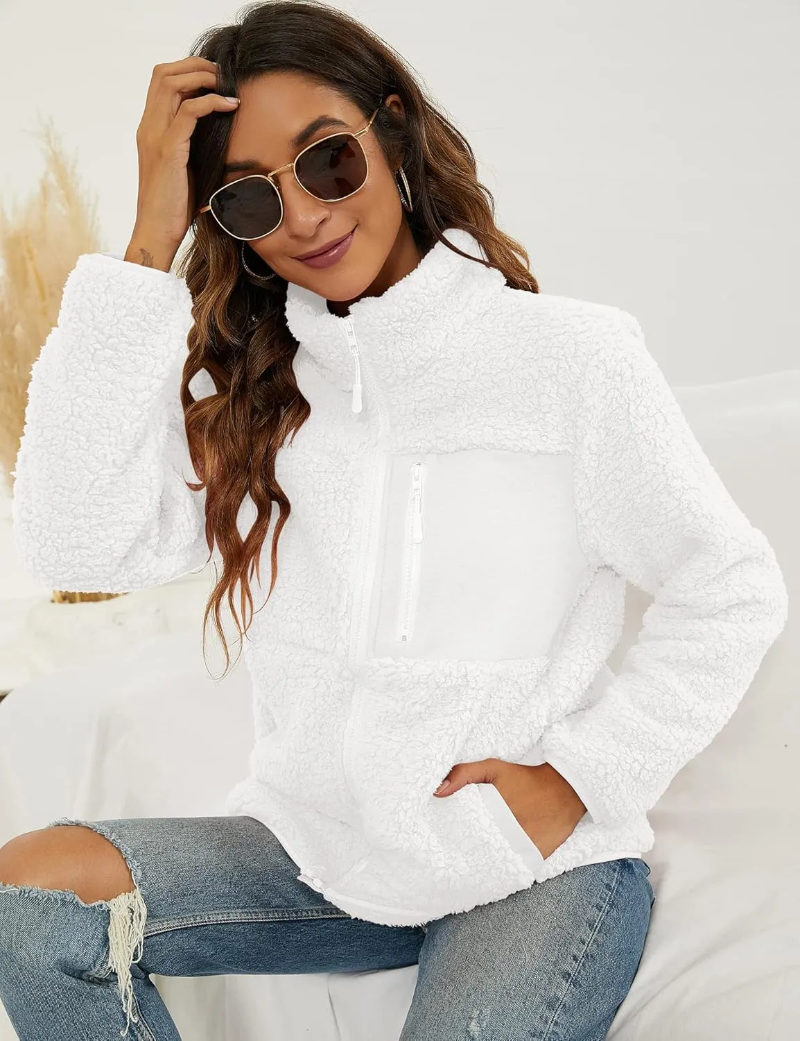 VVK Women's Fashion Faux Shearling Shaggy Full Zip Coats Warm Winter Patchwork Jackets with Pocket