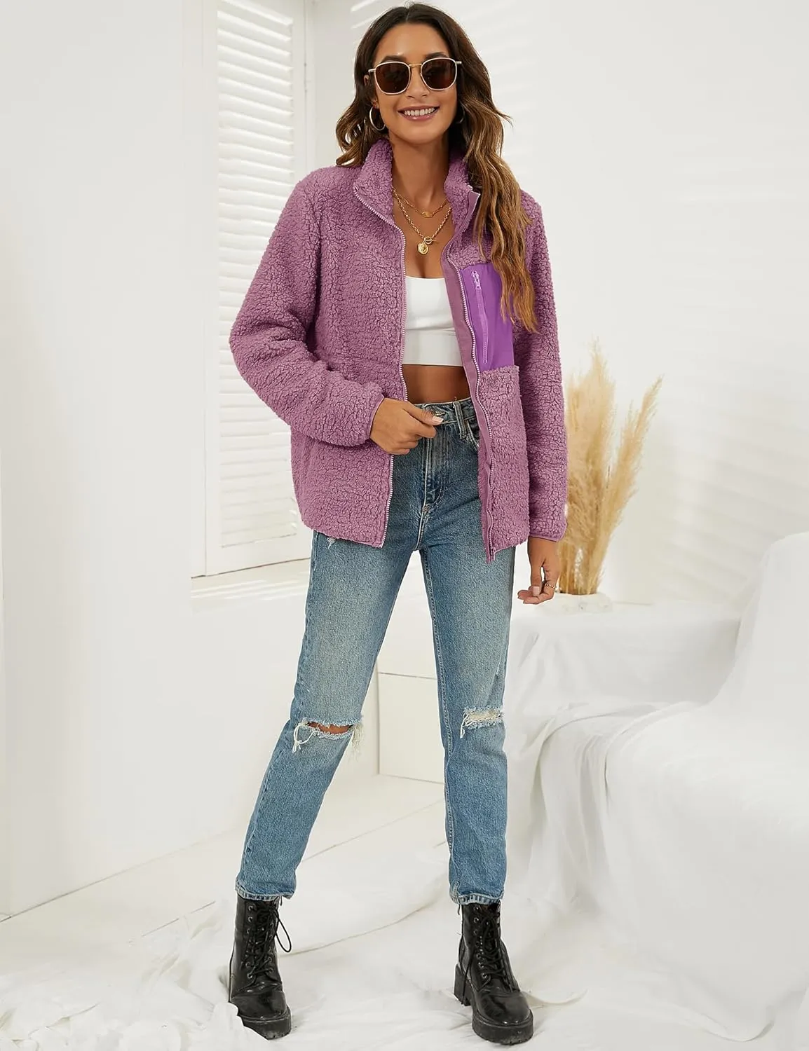 VVK Women's Fashion Faux Shearling Shaggy Full Zip Coats Warm Winter Patchwork Jackets with Pocket