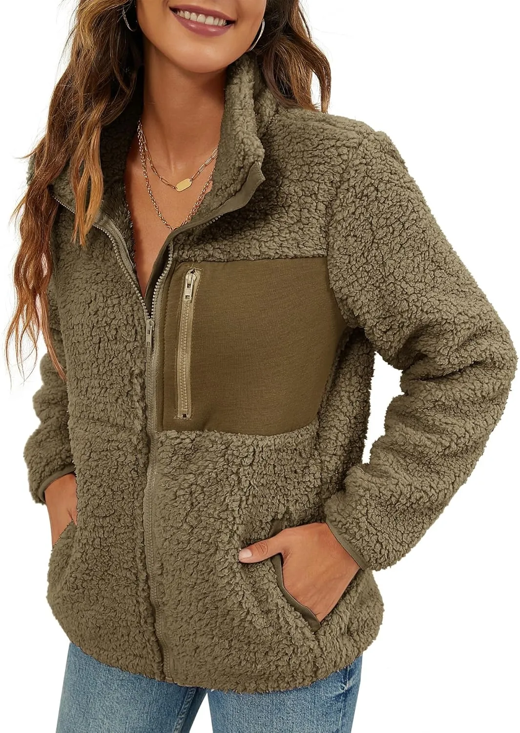 VVK Women's Fashion Faux Shearling Shaggy Full Zip Coats Warm Winter Patchwork Jackets with Pocket