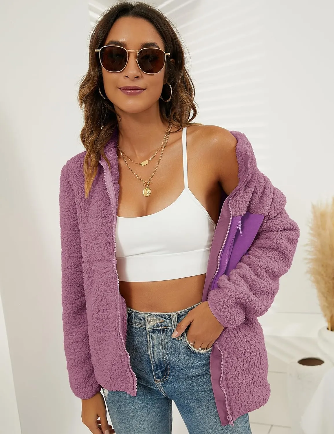 VVK Women's Fashion Faux Shearling Shaggy Full Zip Coats Warm Winter Patchwork Jackets with Pocket