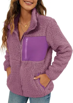 VVK Women's Fashion Faux Shearling Shaggy Full Zip Coats Warm Winter Patchwork Jackets with Pocket