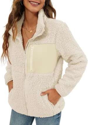 VVK Women's Fashion Faux Shearling Shaggy Full Zip Coats Warm Winter Patchwork Jackets with Pocket