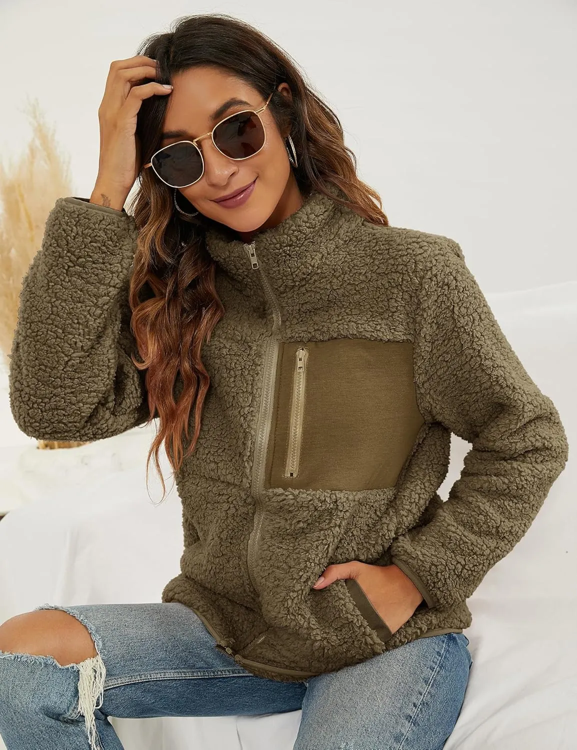 VVK Women's Fashion Faux Shearling Shaggy Full Zip Coats Warm Winter Patchwork Jackets with Pocket